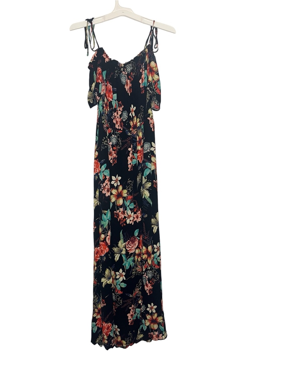 one clothing Black Floral Cold-Shoulder Maxi Dress with Multicolor Blooms